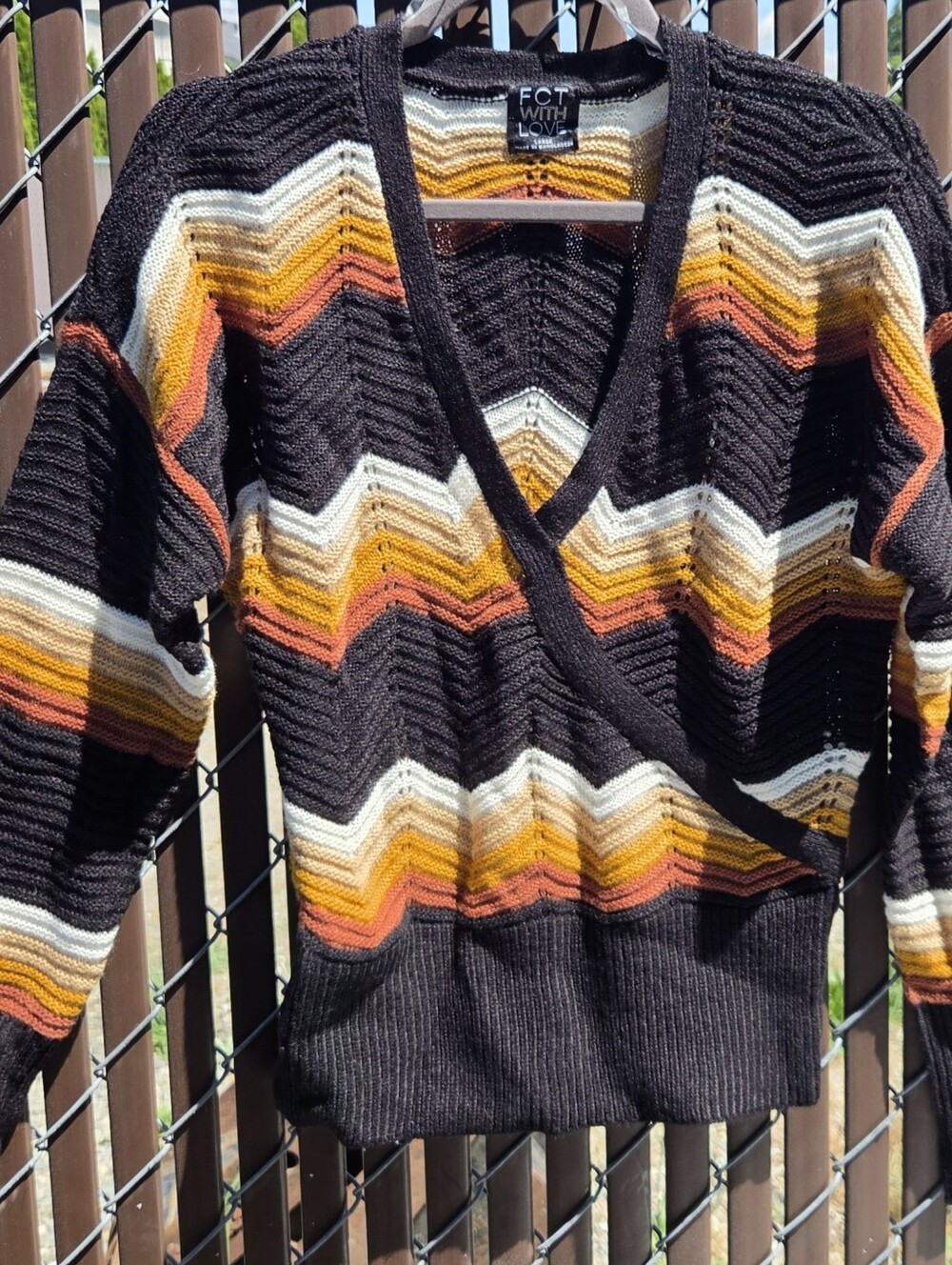 FCT With Love Women's Wrap Sweater L Black Earth Tone Chevron Knit Retro 70s